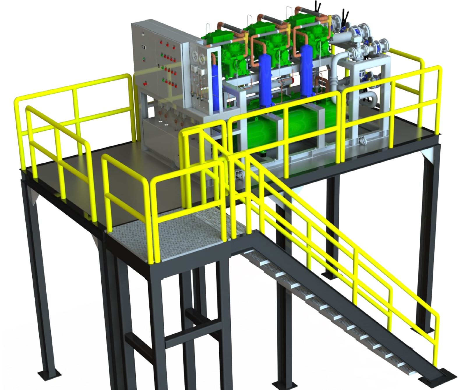 CAD render of a steel mezzanine carrying a multi-compressor refrigeration rack, its control panel, and piping, with guardrails, a grated landing, and a stair.