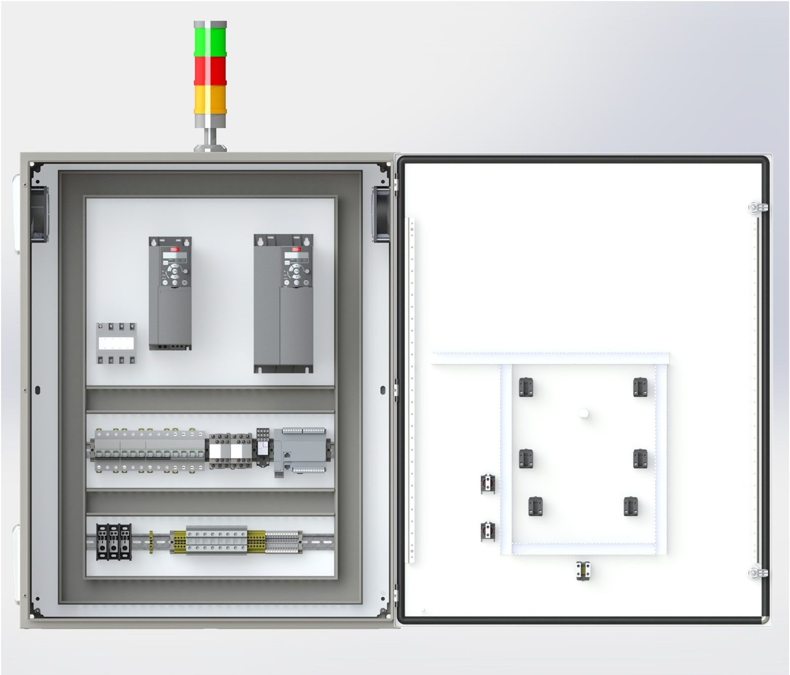 CAD render of an open electrical enclosure: two variable-frequency drives, a PLC, DIN-rail breakers and terminals, door-mounted sub-panel, and a stack light.