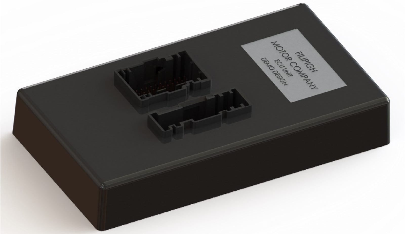 CAD render of the closed black plastic housing with two connector openings and a label reading "ECU unit demo design".