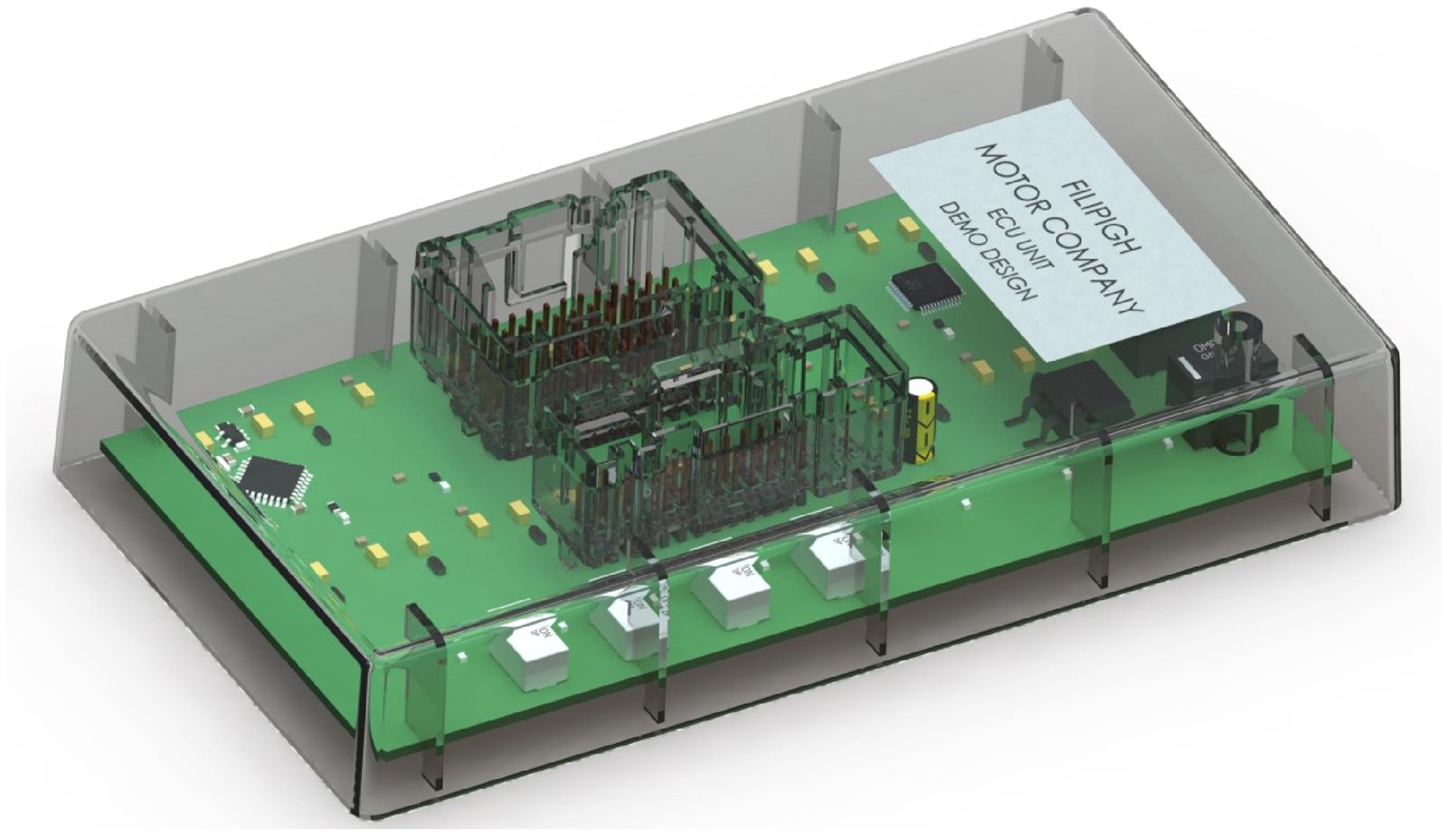 CAD render of a translucent plastic housing showing a PCB, two header connectors, components, and internal ribs.