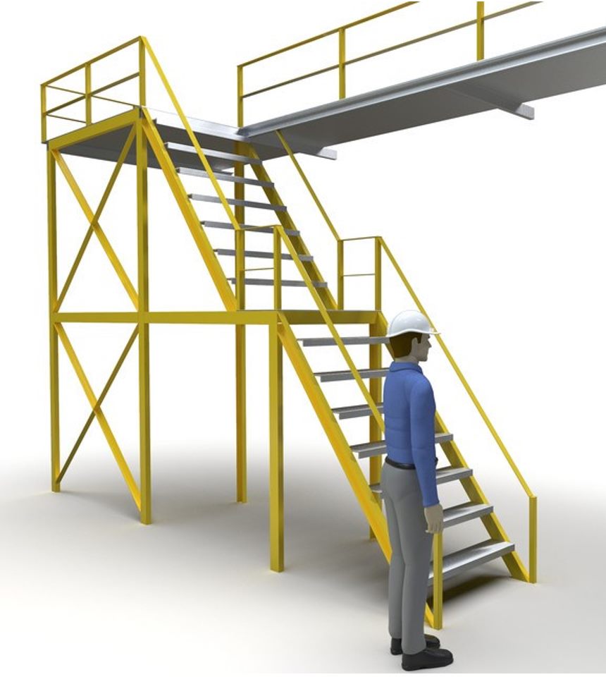 CAD render of a platform stair with a human figure for scale.